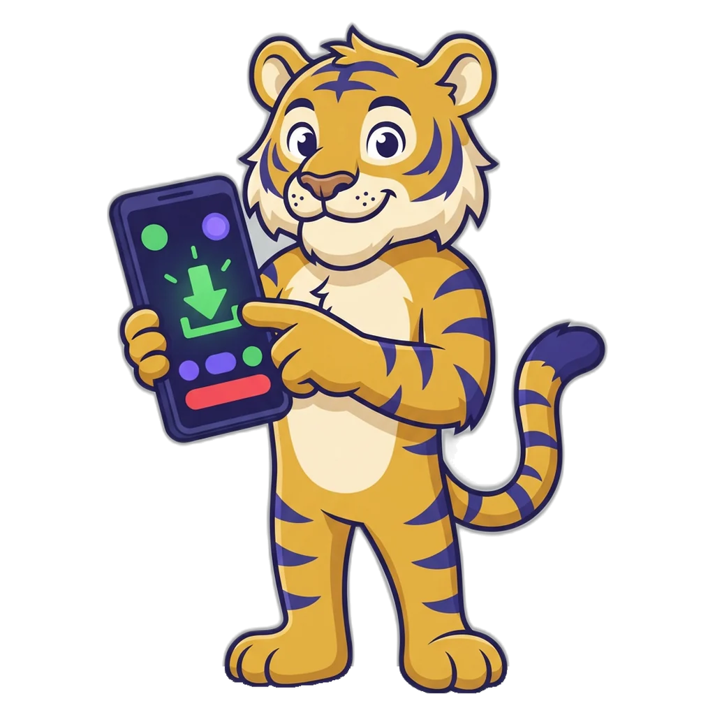 Tiger mascot downloading the 6A Club APK on an Android phone