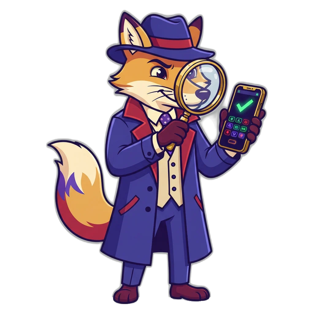Fox detective mascot comparing a genuine and a fake APK file