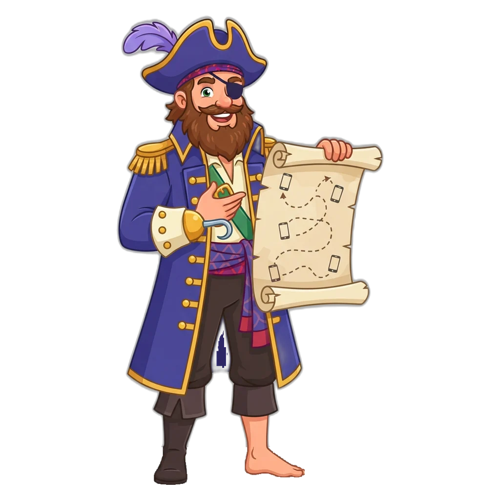 Pirate captain mascot showing the APK install steps as a numbered map
