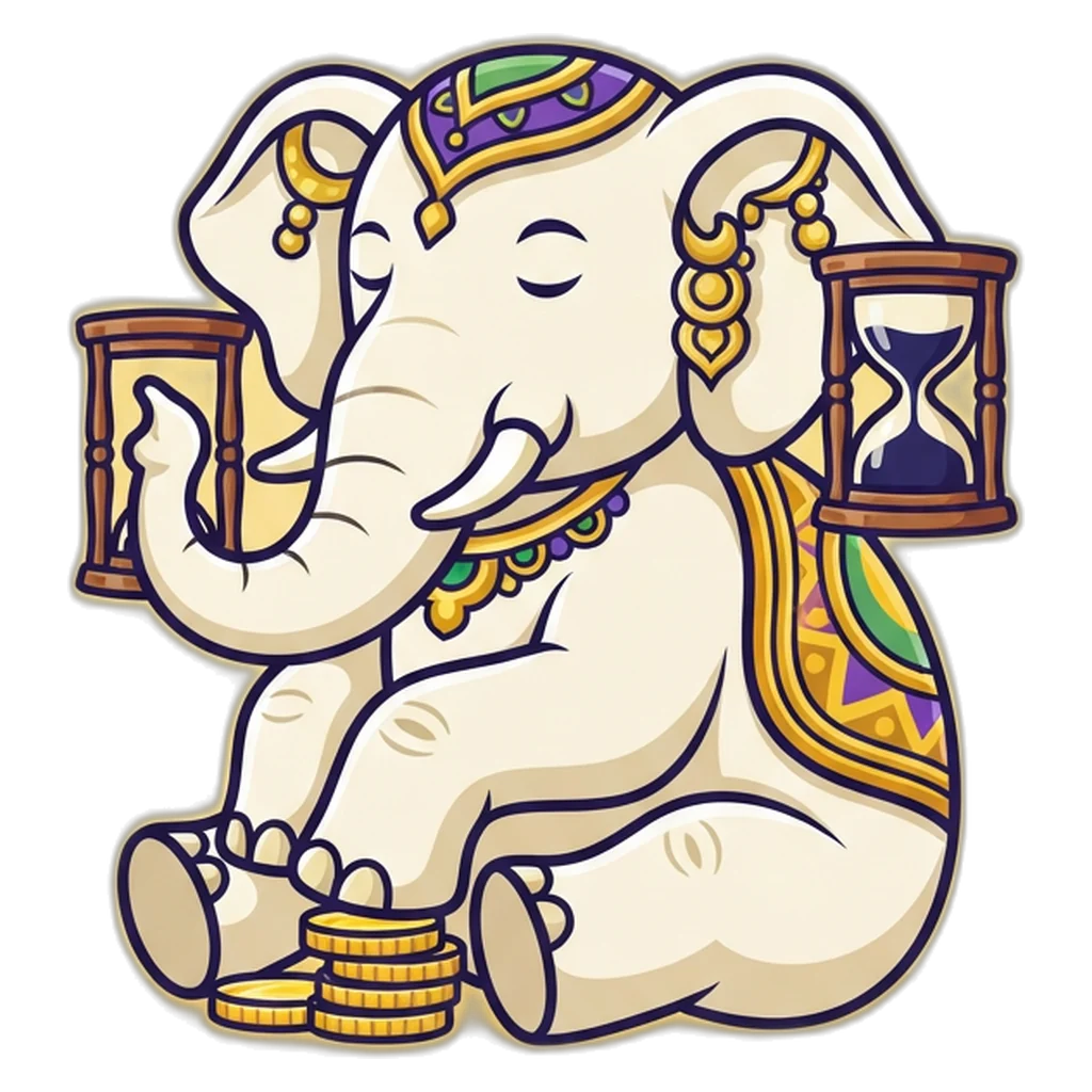 Elephant mascot showing a small stake and a session timer for colour prediction