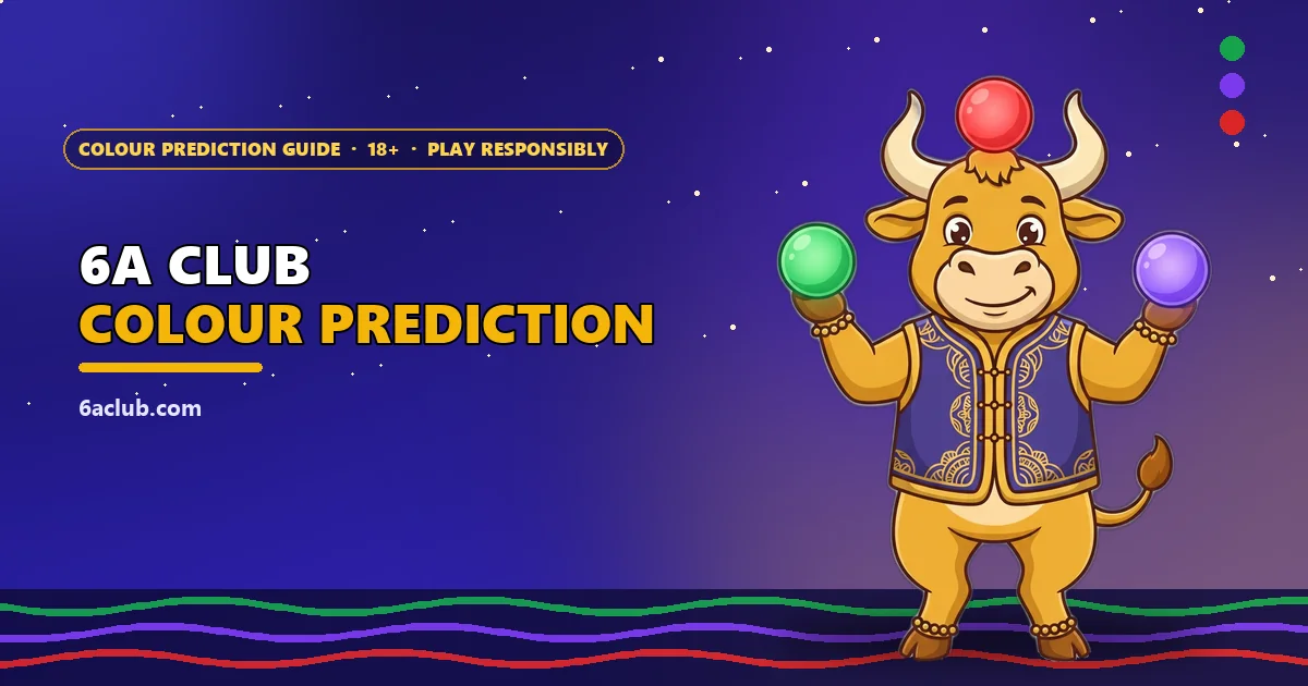 Golden ox mascot balancing green, violet and red balls for the 6A Club colour prediction guide