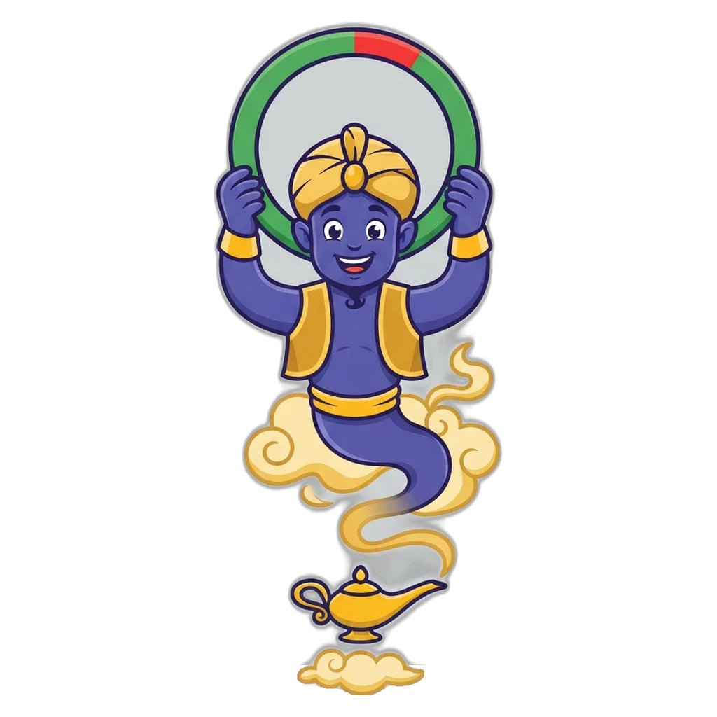 Genie mascot showing the colour prediction round timer with the five-second lock in red