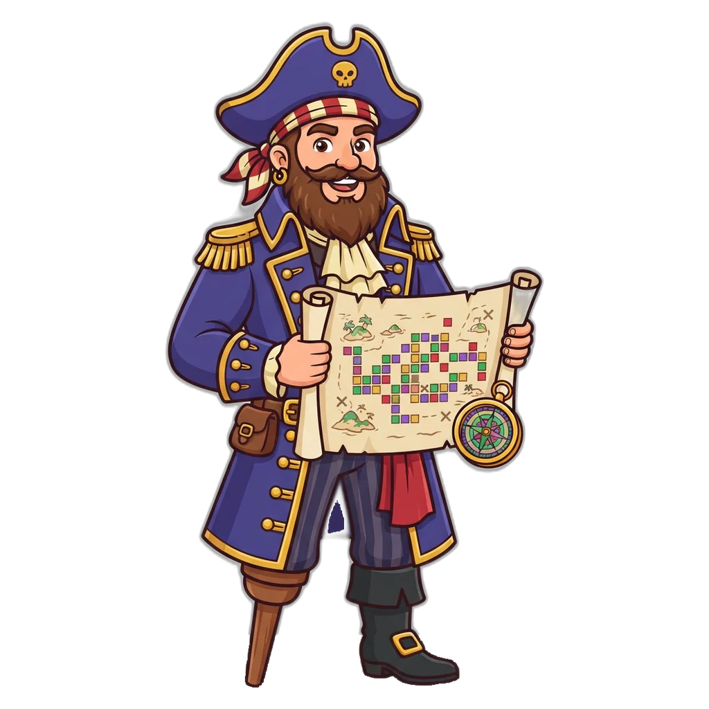6A Club game list shown on a treasure map held by a pirate captain mascot