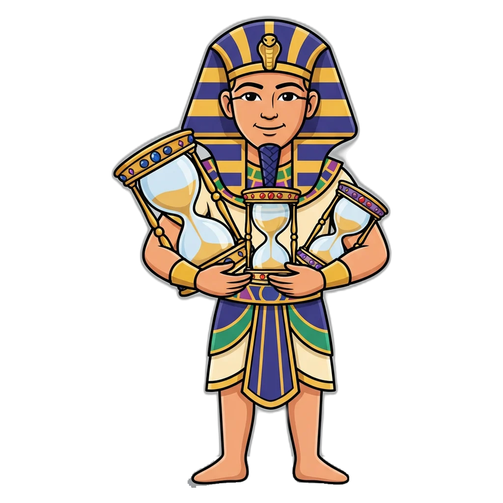 Pharaoh mascot with three hourglasses showing 1, 3 and 5 minute rounds