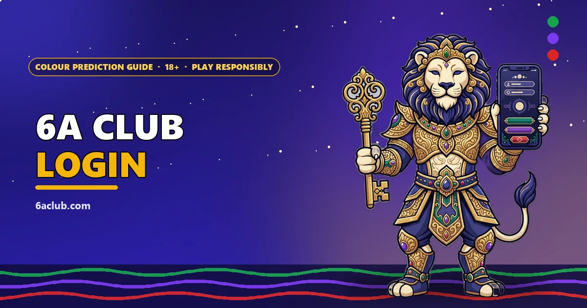 Temple guardian lion mascot holding a golden key and a phone for the 6A Club login guide