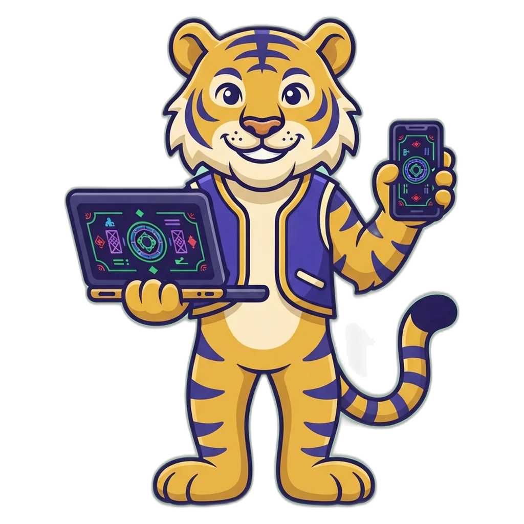 Fortune tiger mascot showing the same signup form on a laptop and a phone