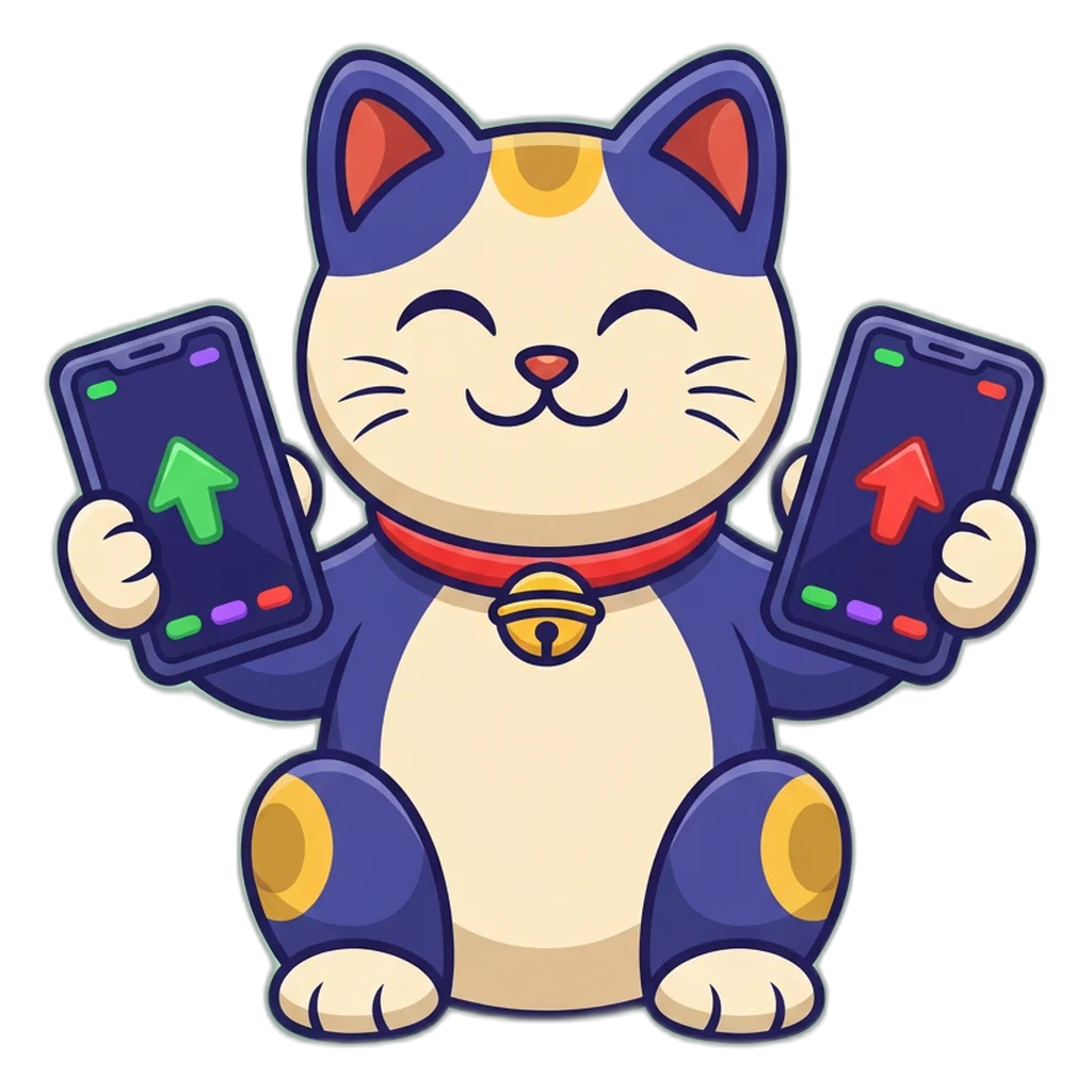 Lucky cat mascot showing a 6A Club withdrawal and a UPI deposit on two phones