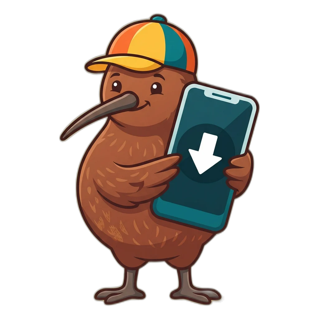 Kiwi bird holding a phone with an Install button for the 6E Club app