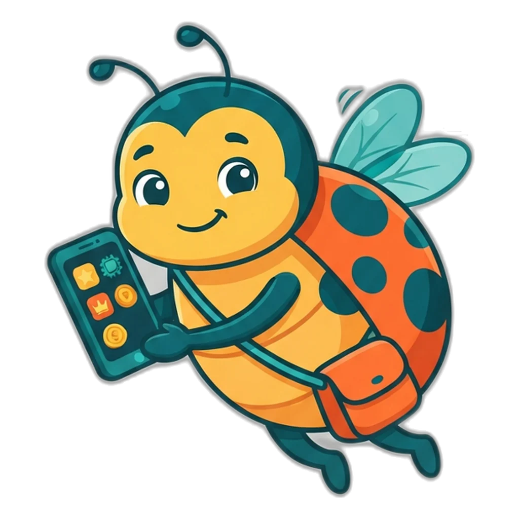 Ladybug flying in with a tiny phone that shows a few app icons