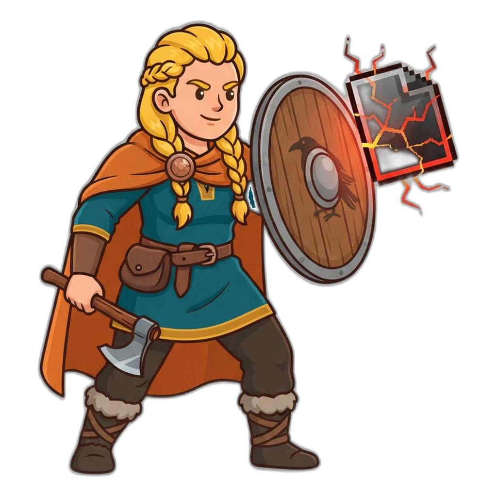 Viking shieldmaiden blocking a fake APK file with her round shield