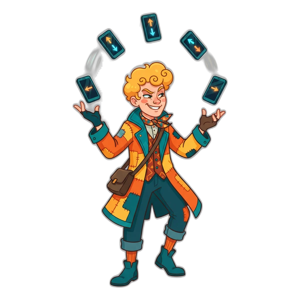 Street juggler tossing phones that flash fake colour trading prediction AI signals