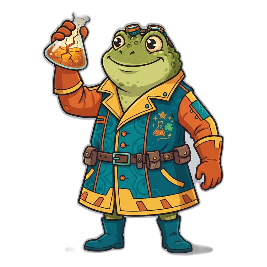 Toad alchemist holding a cracked flask that leaks useless number formulas