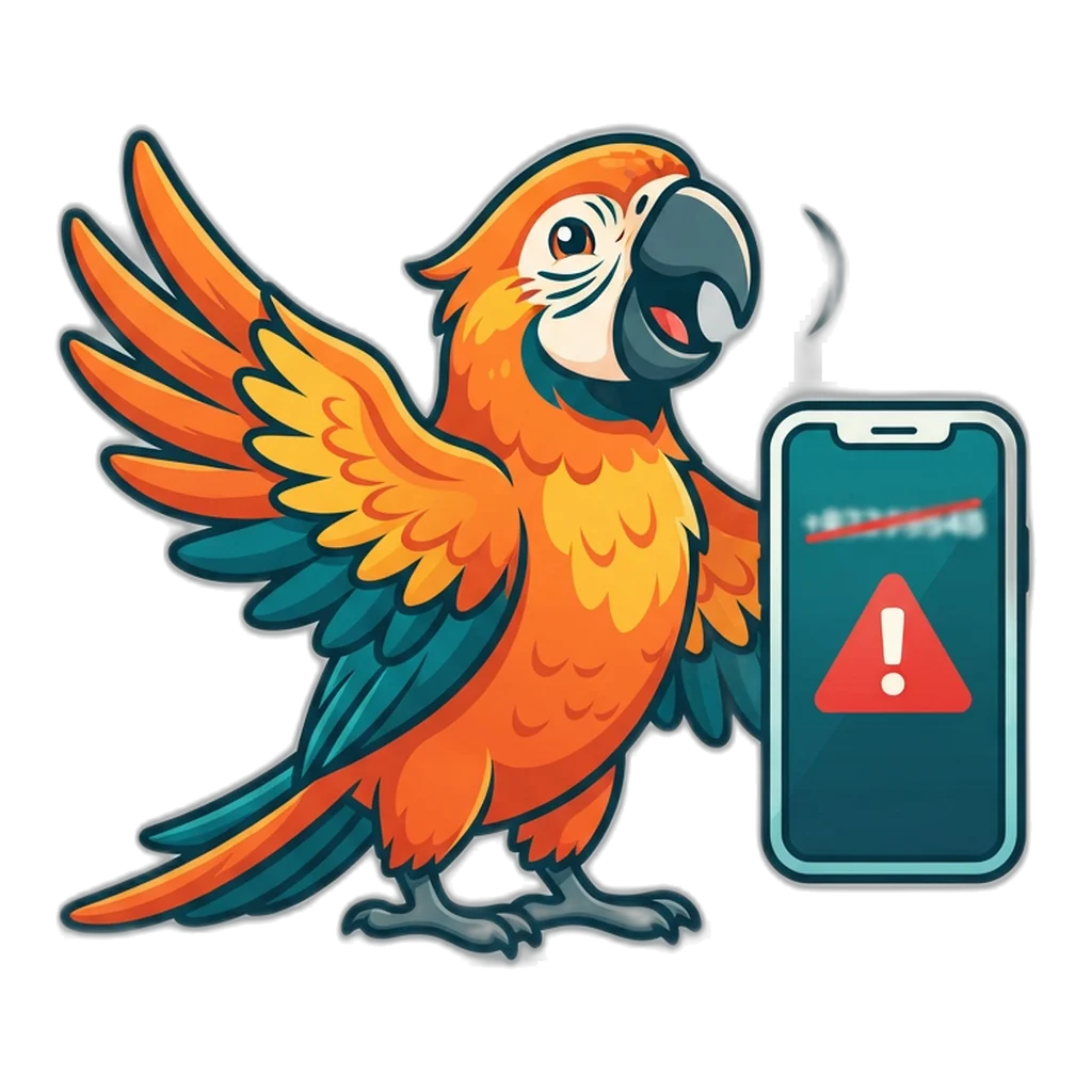 Macaw squawking next to a fake helpline number, a warning about copycat support
