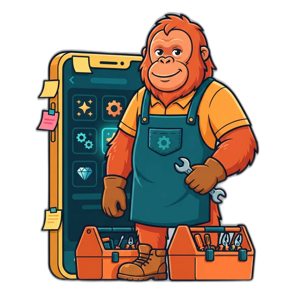 Orangutan fixer with a toolbox beside a phone, ready to sort out app problems