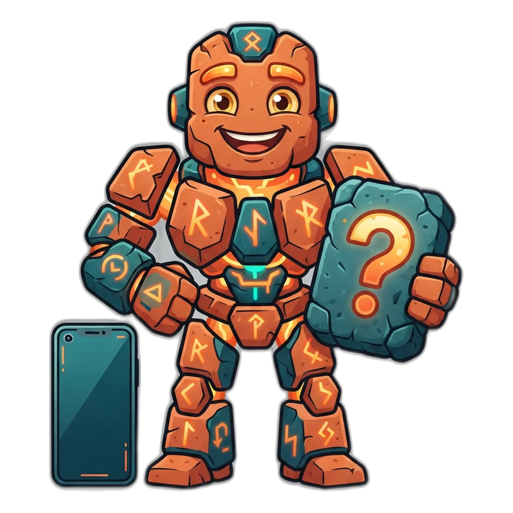Friendly clay golem holding a question-mark tablet beside a phone, opening the 6E Club FAQ