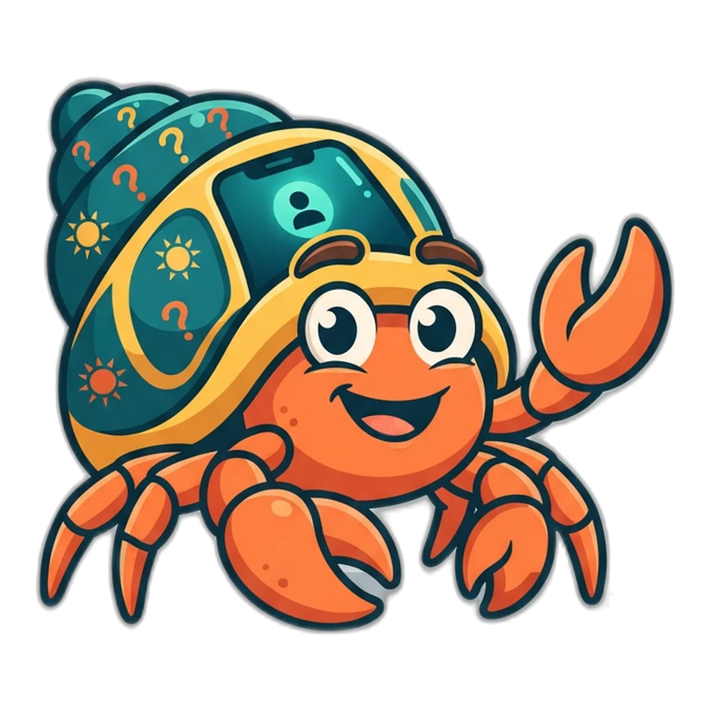 Hermit crab carrying a phone-shaped shell, a reminder that an account stays on one device