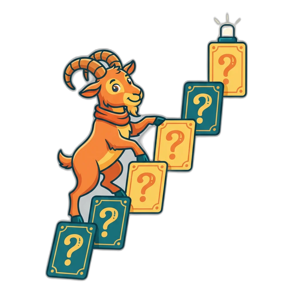 Mountain goat climbing a staircase of question cards toward a small badge at the top