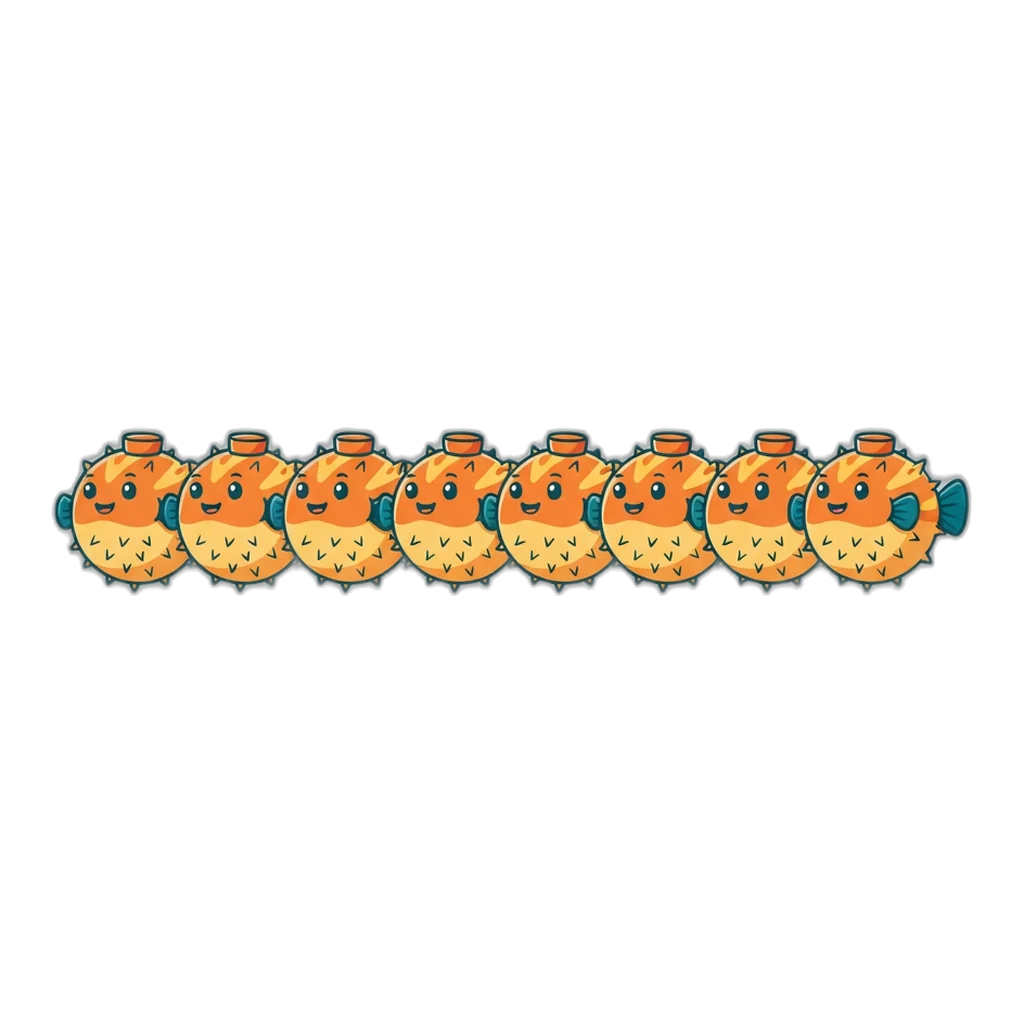 A row of identical pufferfish of the same size, a reminder that every digit is equally likely