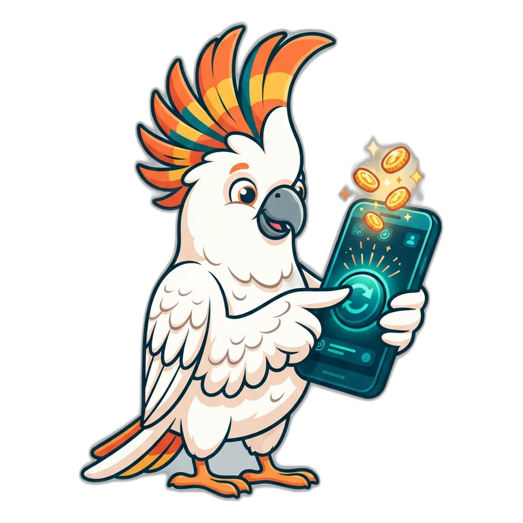 Cockatoo tapping the Free top-up button on a phone as coins pop out