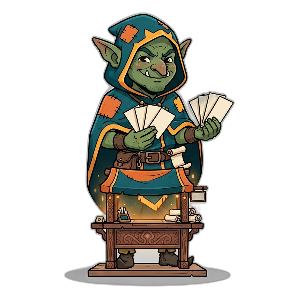 Goblin merchant offering blank code slips from a stall, a warning about code sellers