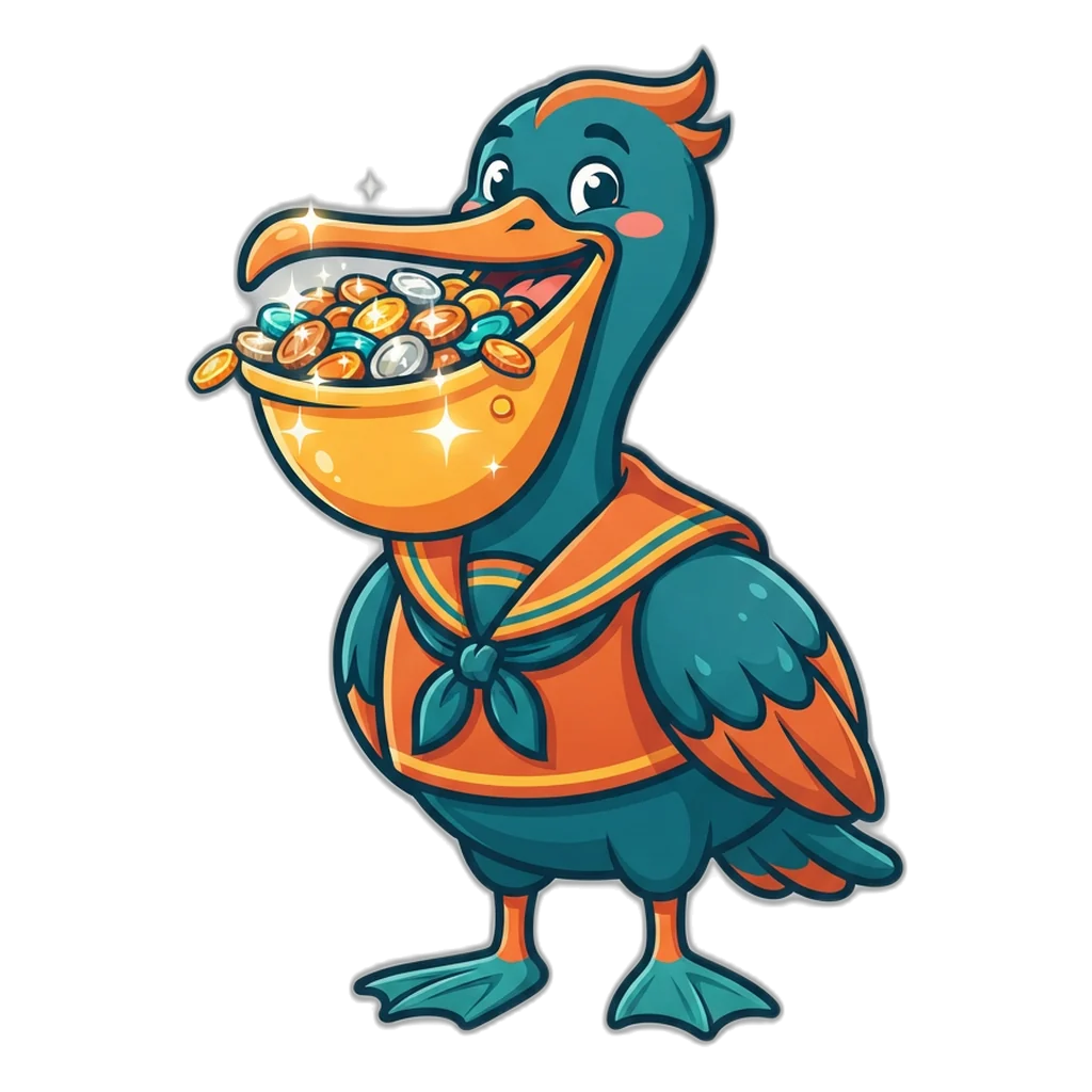 Pelican showing a beak pouch full of free play coins instead of a 6E Club gift code