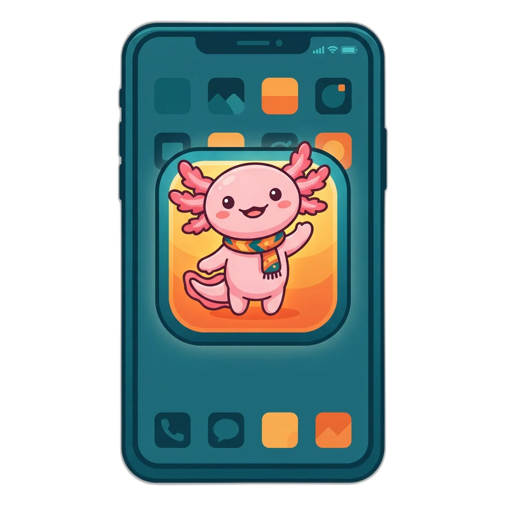 Axolotl popping out of an app icon on a phone home screen