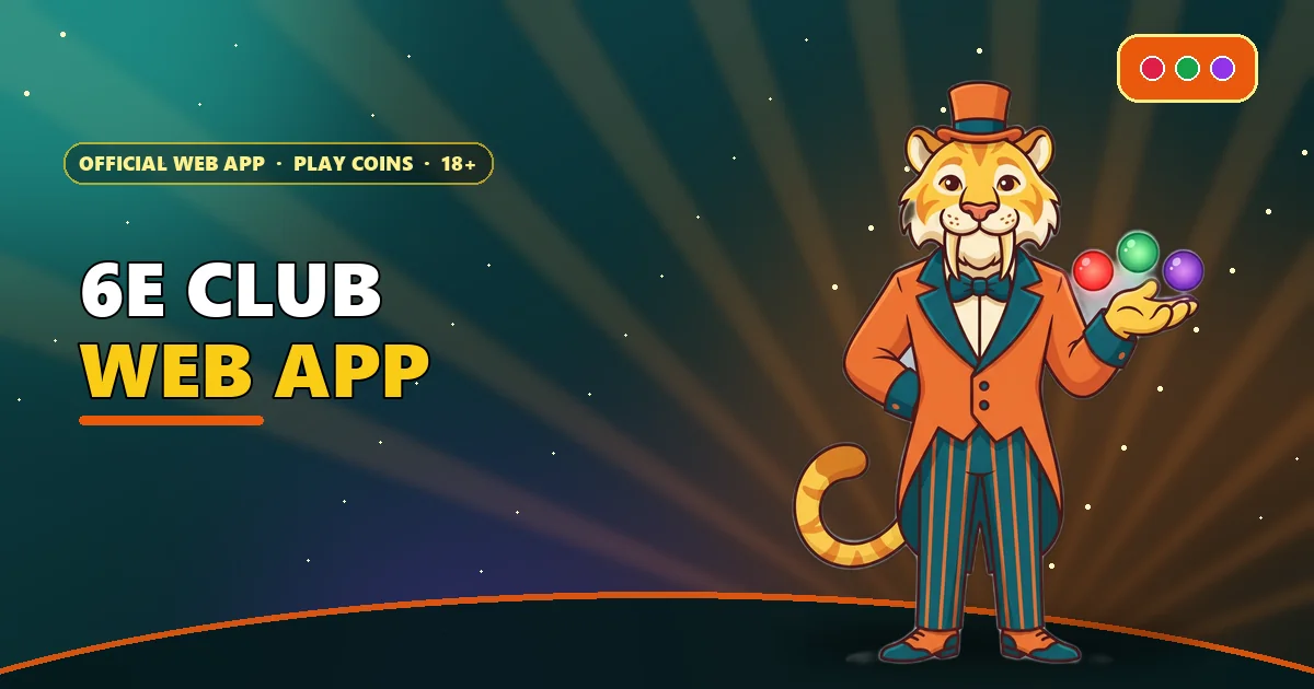 Sabertooth cat showman presenting red, green and violet orbs on the 6E Club web app banner