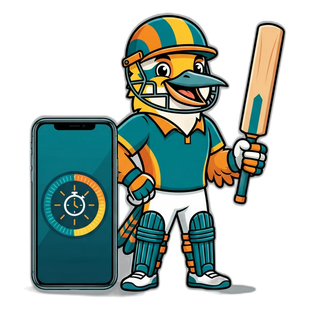 Kookaburra in a cricket helmet holding a bat beside a phone with a round timer