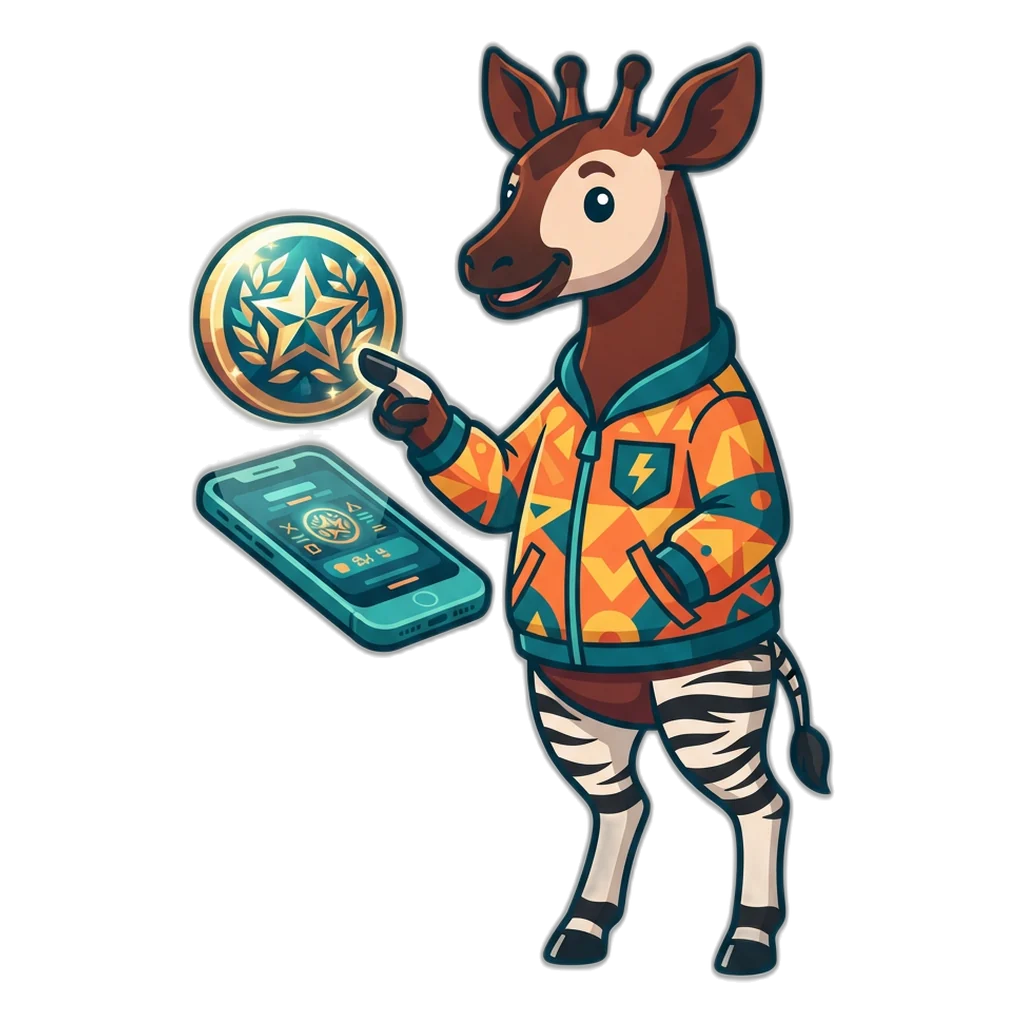 6E Club okapi mascot tapping a glowing app icon above a phone