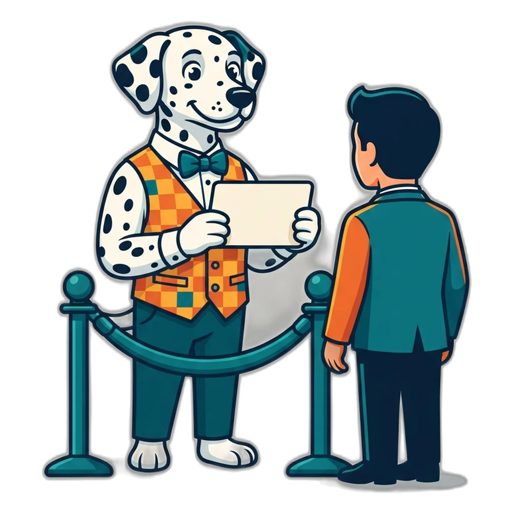Dalmatian door host checking a username card before letting a player in