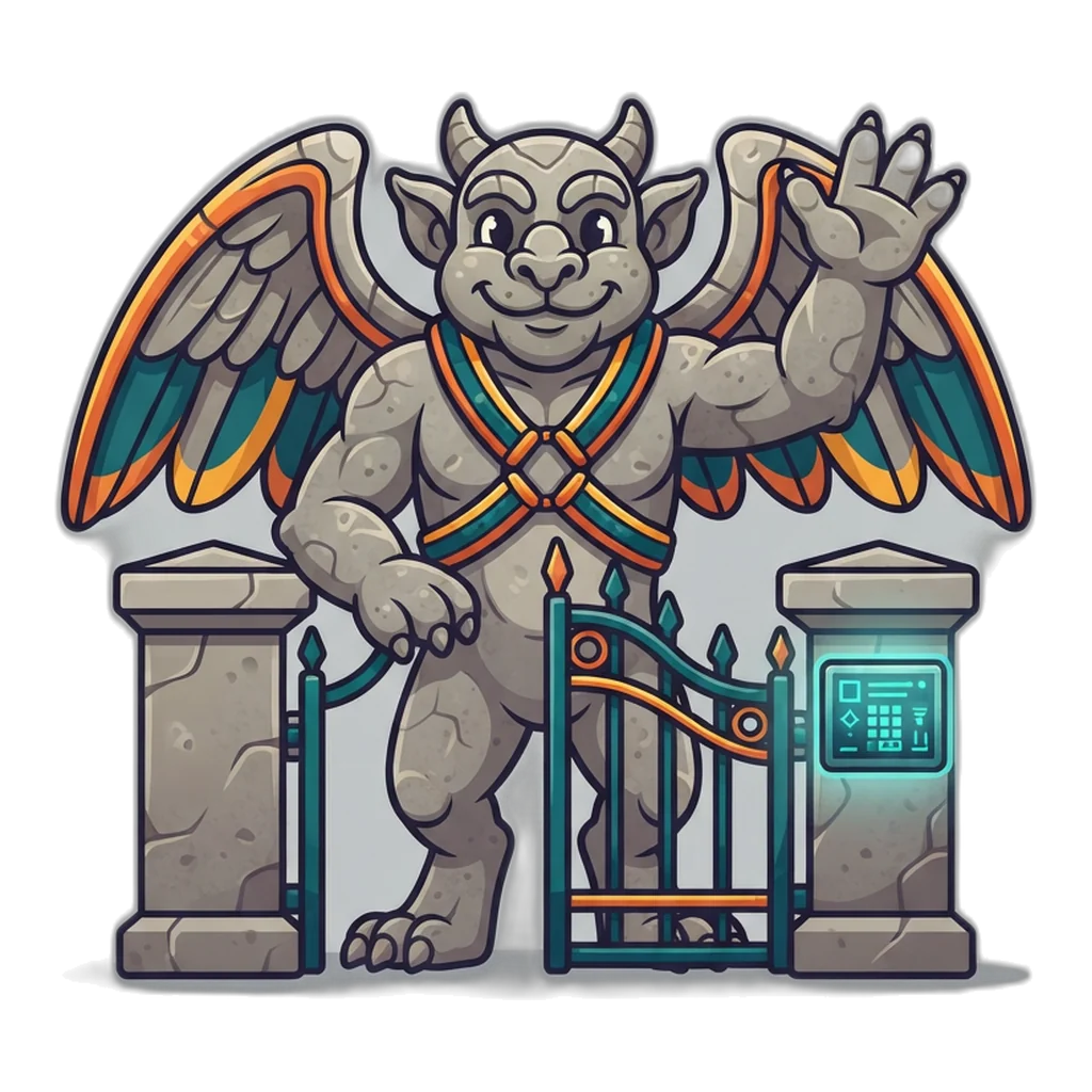 Friendly gargoyle guarding a gate with a glowing keypad, showing the 6E Club login step