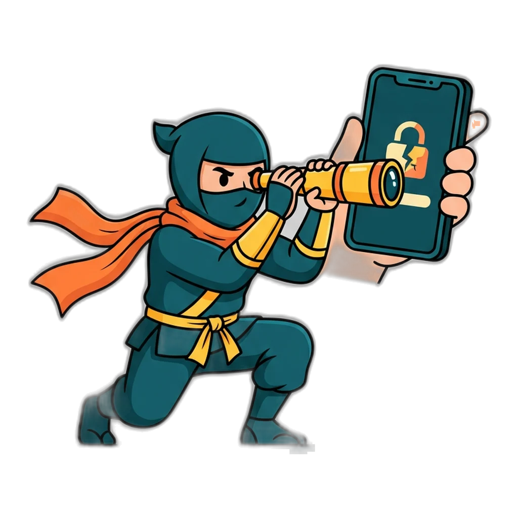 Ninja looking through a spyglass at a fake sign-in page on a phone screen