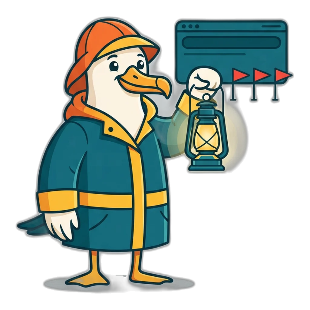 Albatross harbour pilot shining a lantern on red flags beside a phone address bar
