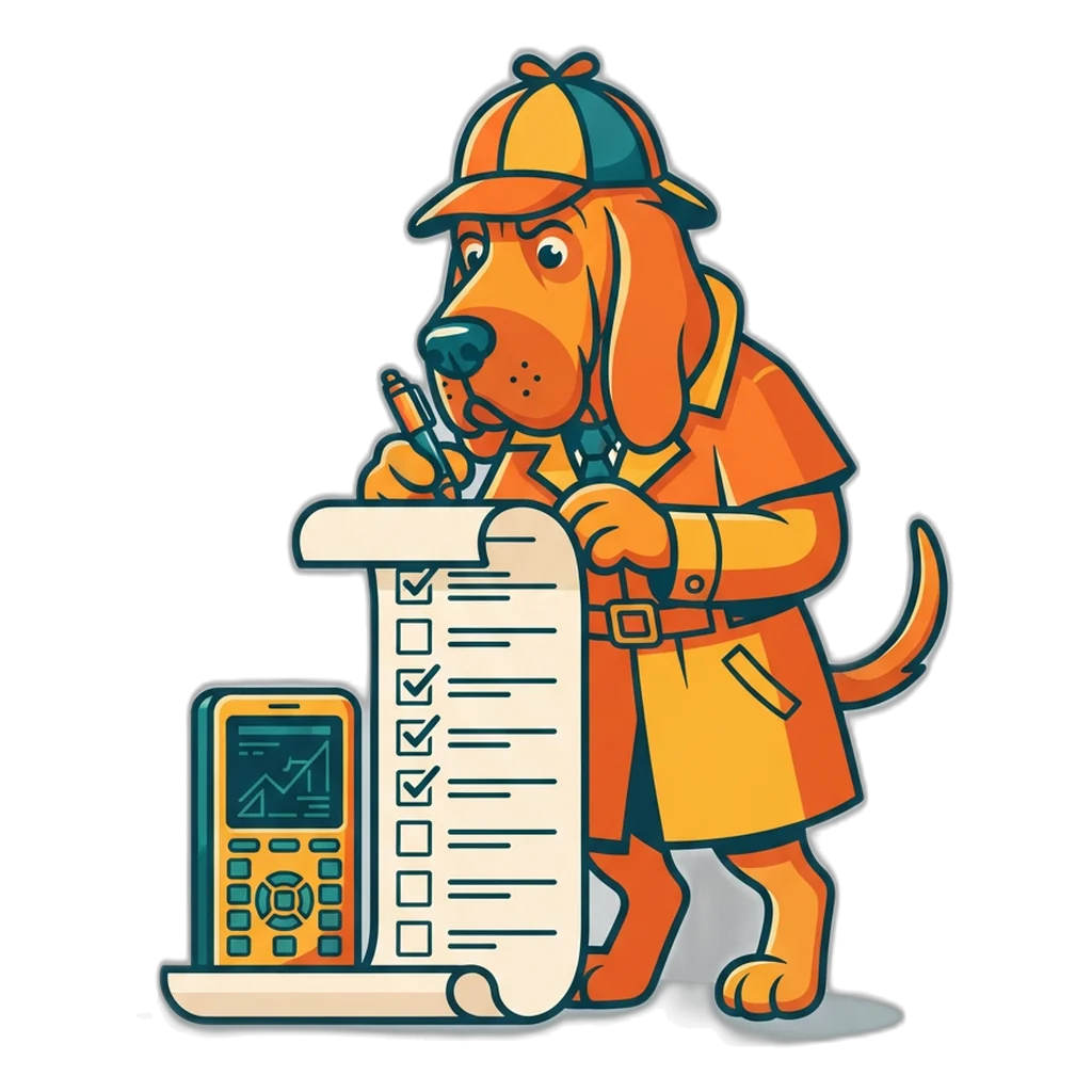 Bloodhound inspector ticking a checklist beside a phone to answer 6E Club real or fake