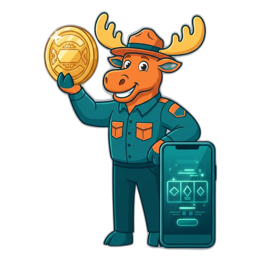 Moose ranger holding up an adults-only badge beside a phone sign-up screen