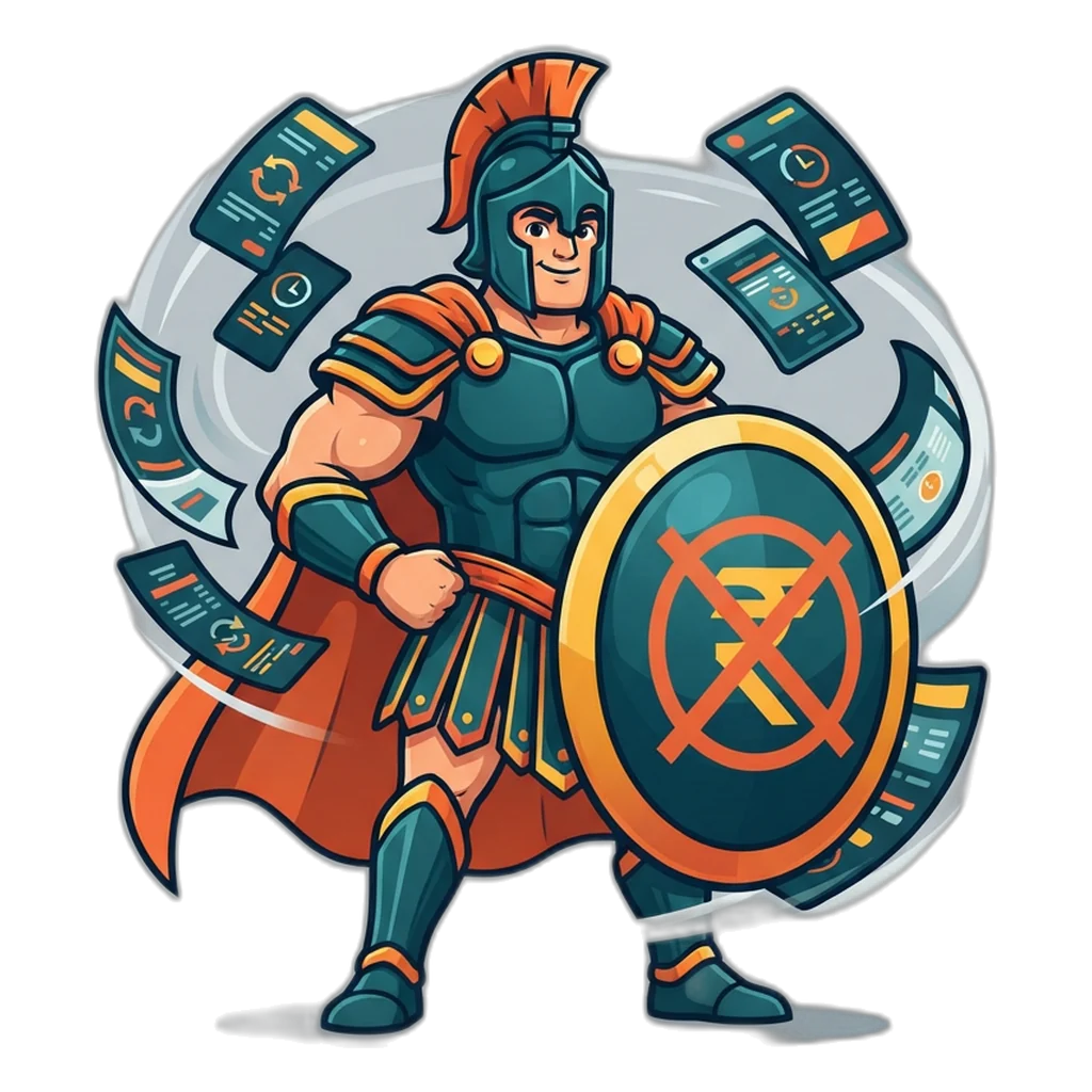 Gladiator holding up a shield with a crossed-out rupee sign against payment requests