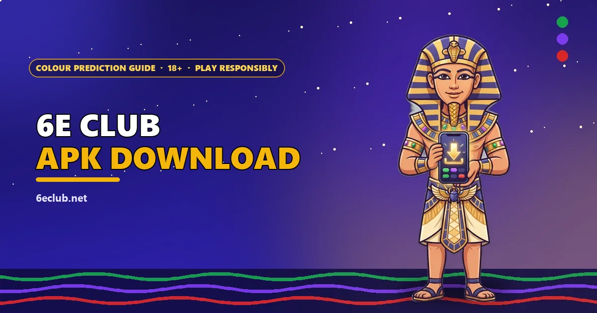 Pharaoh mascot holding a phone with a download arrow for the 6E Club APK guide