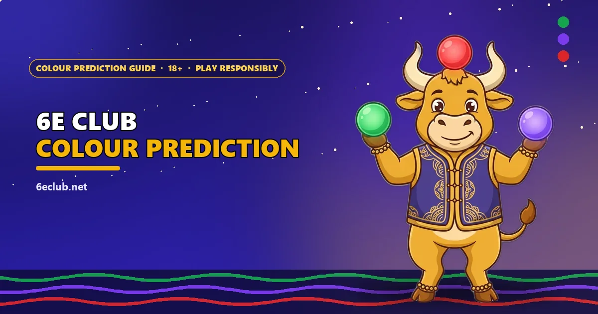 Golden ox mascot balancing green, violet and red balls for the 6E Club colour prediction guide