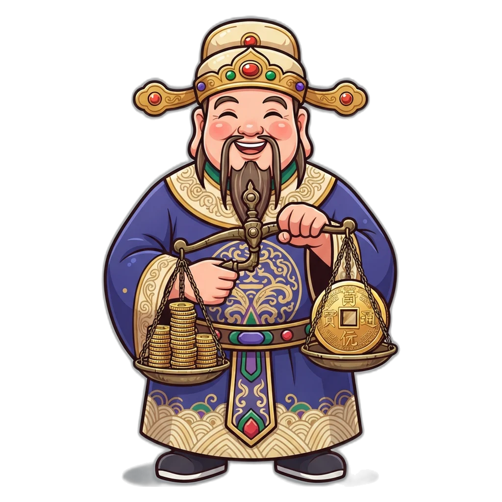 Wealth mascot weighing frequent small payouts against a rare 9× payout