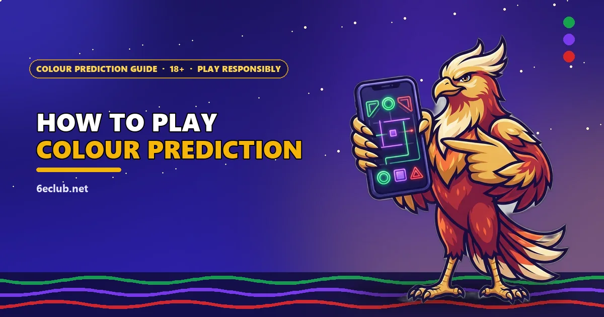 Phoenix mascot pointing at a phone game screen for the how to play colour prediction guide