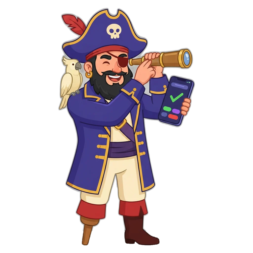 Pirate captain mascot checking a real and a fake login link with a spyglass