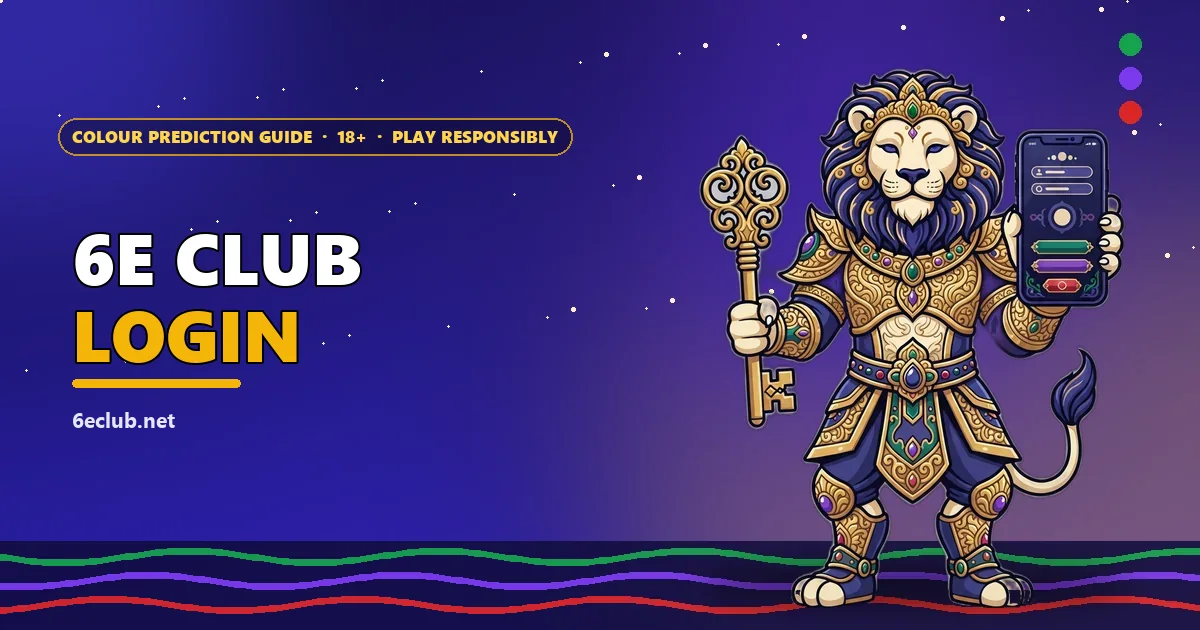 Temple guardian lion mascot holding a golden key and a phone for the 6E Club login guide