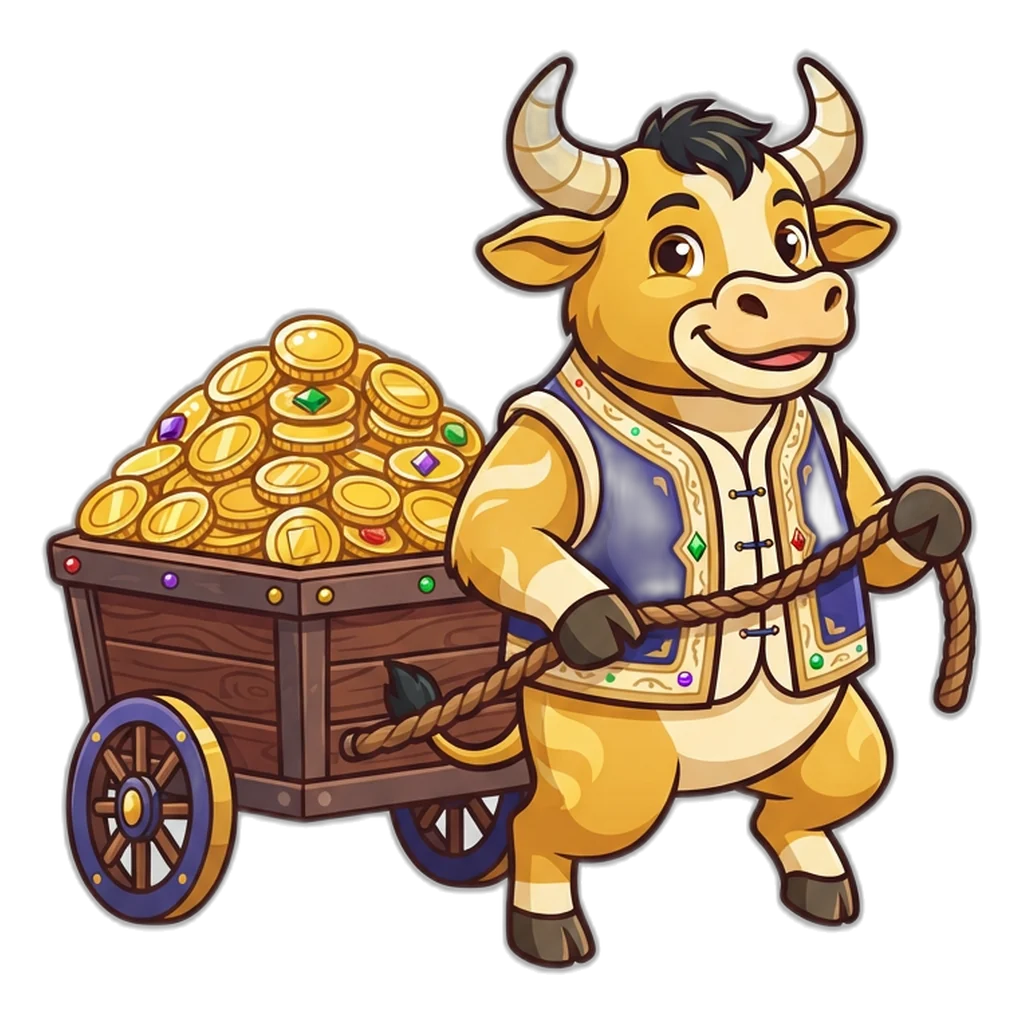 Golden ox mascot pulling a cart of coins labelled pending, showing a slow withdrawal