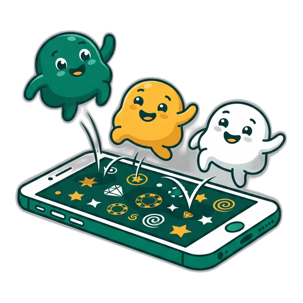 Round alien blobs bouncing across a phone screen beside a full battery bar