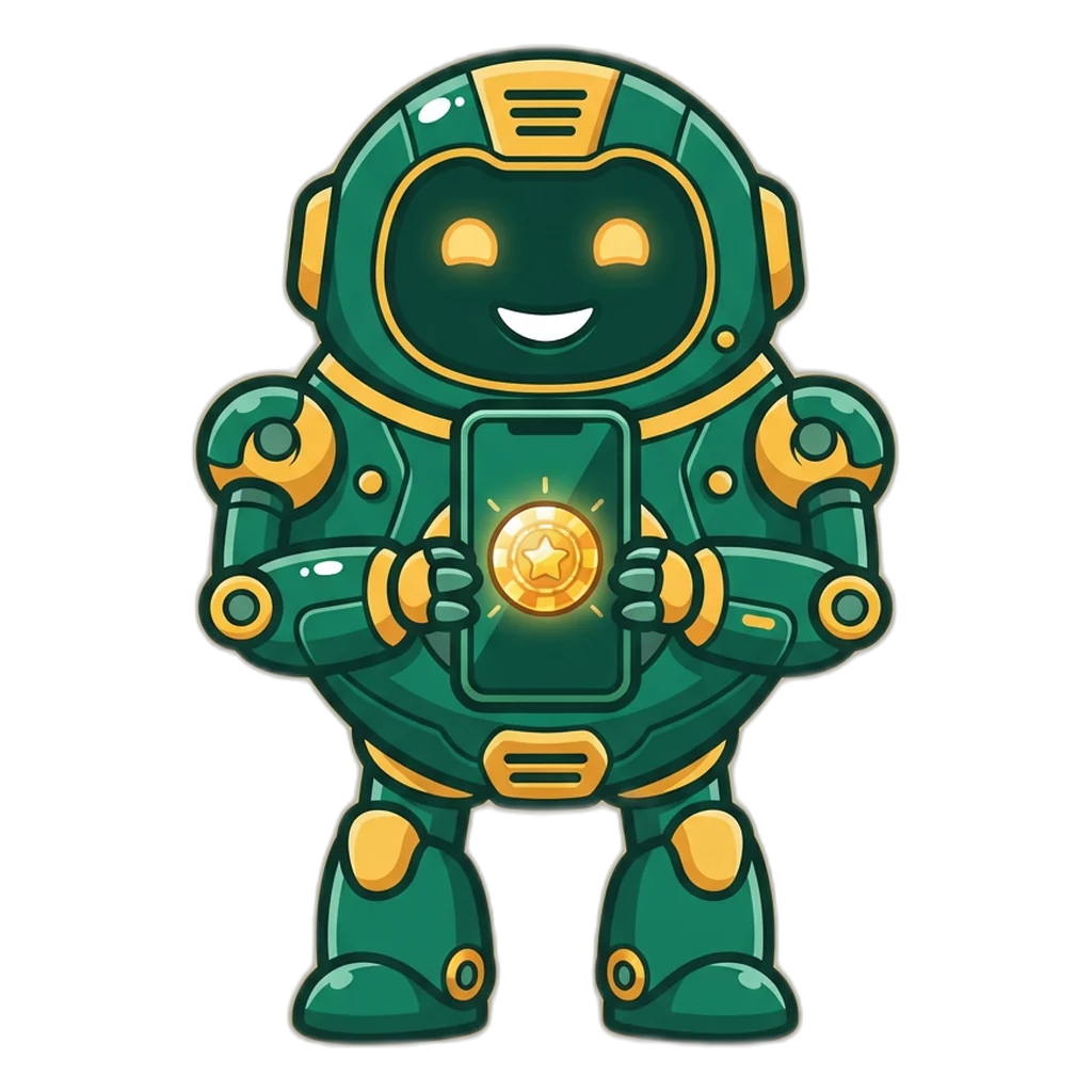 Friendly robot holding a phone with the 6E Club app icon on the home screen