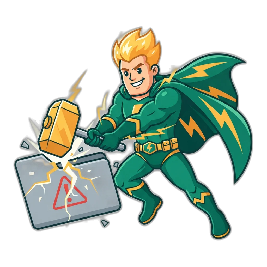 Thunder hero with a hammer cracking a fake APK file next to a warning sign