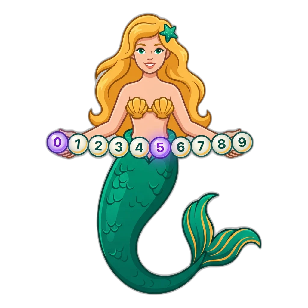 Mermaid holding ten pearls numbered 0 to 9, with the 0 and 5 pearls glowing violet