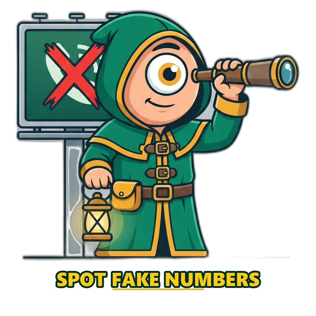 One-eyed cyclops watchman with a spyglass spotting a fake helpline number on a billboard