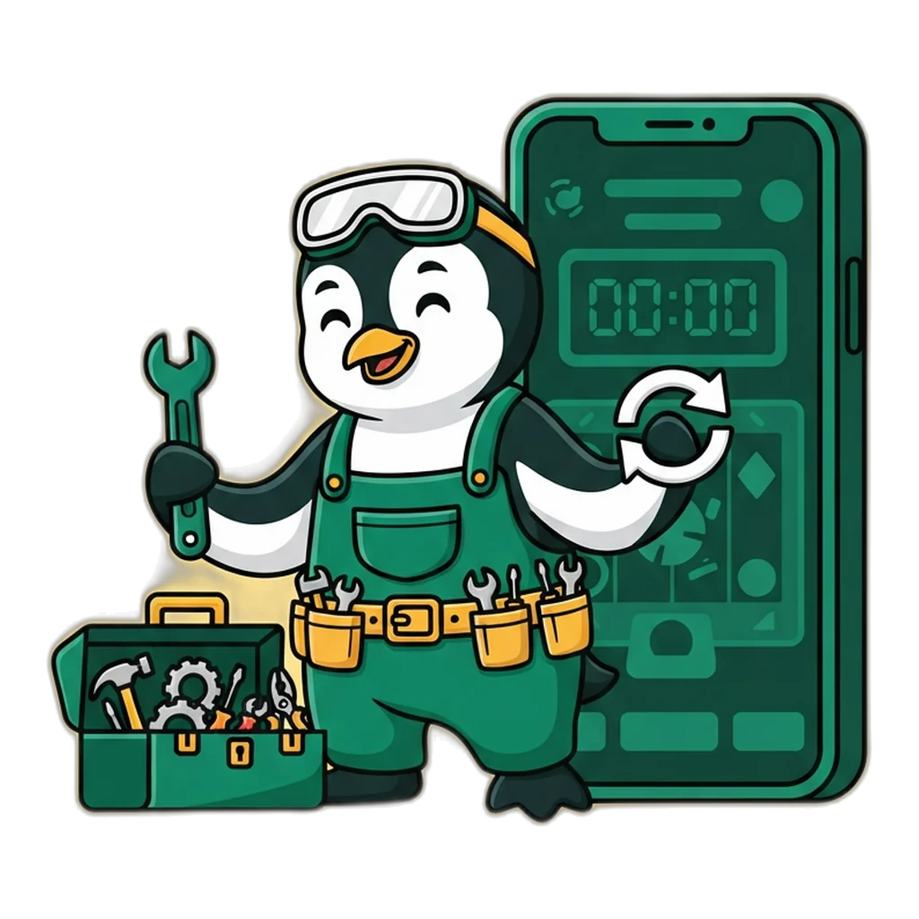 Penguin mechanic opening a toolbox beside a phone with a frozen game screen