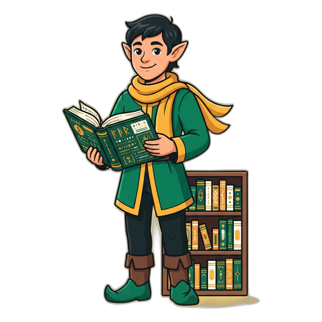 Elf librarian holding an open book beside a small bookshelf